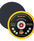 Pro Series 6 Inch PSA DA Sander Backing Plate Pad With Flexible Low Profile Edge, round yellow and black pad with label