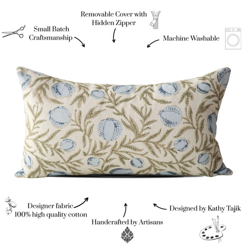 Alisa Blue Block Print Pomegranate Pillow Cover 100 Percent Cotton Throw Pillow Cover Decorative Accent For Sofa Couch Bed 14x24 Vintage Coastal Grandma Grandmillennial Style, blue floral pillow cover with hidden zipper
