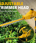 Beast Of A Telescoping Pole Hedge Trimmer with adjustable head shown at 135º angle, cutting green hedge.