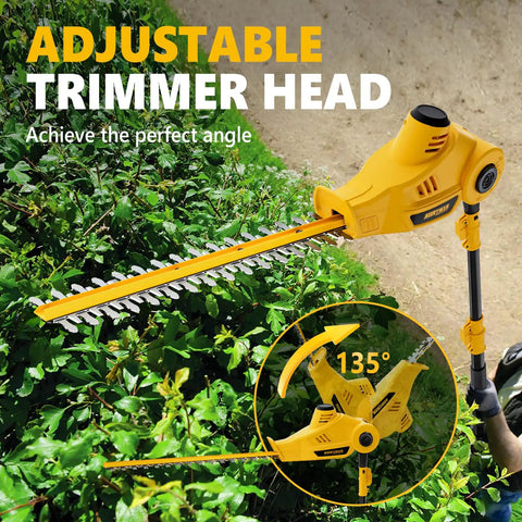 Beast Of A Telescoping Pole Hedge Trimmer with adjustable head shown at 135º angle, cutting green hedge.