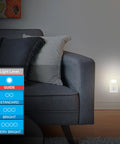 Always On LED Night Light Plug In Wall For Bedroom Nursery Bathroom Hallway Compact Low Key Soft Glow Energy Efficient UL Listed 2 Pack Model 11311 For All Rooms illuminating a living room corner.