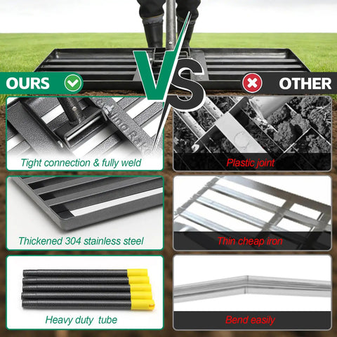 Comparison of Heavy Duty Lawn Leveling Rake With A 30 Inch By 10 Inch Wide Blade And A 6 Ft Adjustable Handle highlighting material differences.