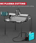CNC machine setup with screen, cables, and plasma cutting equipment for automated precision cutting in industrial settings.