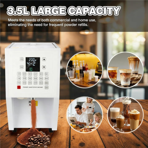 3.5L Digital Automatic Powder Dispenser With 17 Memory Presets dispensing powder into coffee cups.