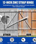 Comparison of 12-inch zinc strap hinge on gate, showing durability and support differences. Heavy Duty Zinc Strap Hinges 16 Inch For Gate And Barn Tool Shed Door Black Finish Four Pack Top Shelf Hardware Built To Take A Real Beating On Every Weekend DIY Project.