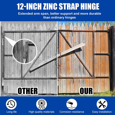 Comparison of 12-inch zinc strap hinge on gate, showing durability and support differences. Heavy Duty Zinc Strap Hinges 16 Inch For Gate And Barn Tool Shed Door Black Finish Four Pack Top Shelf Hardware Built To Take A Real Beating On Every Weekend DIY Project.