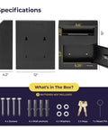 Specifications of Drop Safe Box With Lock And Digital Keypad, wall-mounted cash drop box with mounting kit included.