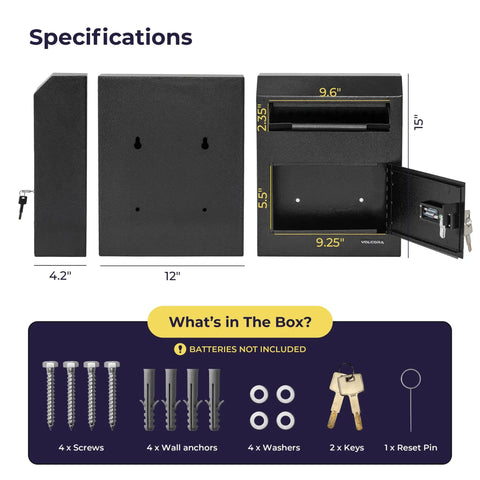 Specifications of Drop Safe Box With Lock And Digital Keypad, wall-mounted cash drop box with mounting kit included.