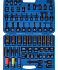 Badass 1/2 Inch Drive Impact Socket Set 67 Piece Metric Hex Sockets With Deep And Regular Bodies Wheel Nut And E Torx Bits, organized in a blue case.