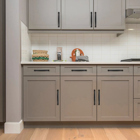 5 Pack Solid Matte Black Cabinet Handles For Kitchen Drawers Cabinets Cupboards, 6-1/4 Inch Center to Center Screws, installed view