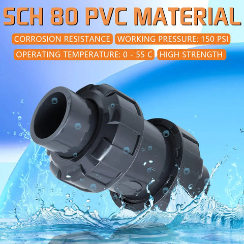 One Inch PVC True Union Check Valve With Slip Swing Full Port Design floating in water, showcasing durability and design for plumbing.