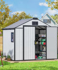 8x6 Ft Outdoor Resin Storage Shed with Lockable Doors and Windows in backyard, open door showing interior storage