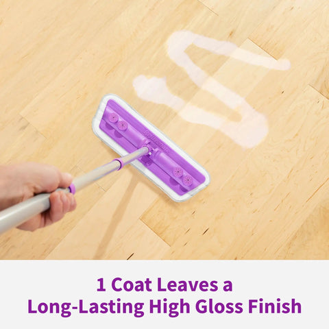 Top Shelf Wood Floor Restorer Plus Slick Gloss Finish And No Fuss One Coat Application That Cuts Down On Scratches While Delivering Solid Heavy Duty Shine For Modern Homes with a microfiber mop on shiny wood floor.