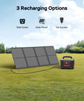Go To Portable Solar Generator 296Wh Kit with 60W panel and power station on grass, 3 recharging options above.