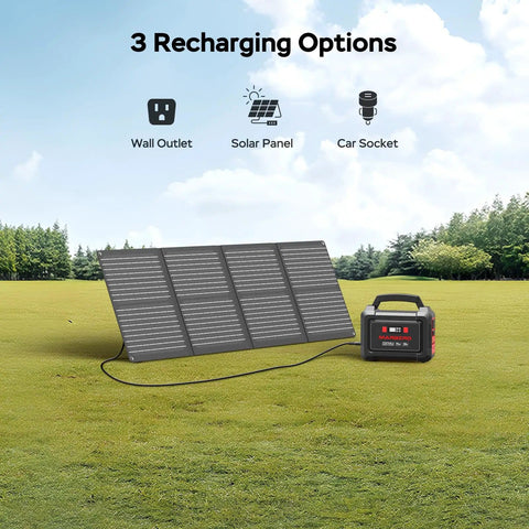 Go To Portable Solar Generator 296Wh Kit with 60W panel and power station on grass, 3 recharging options above.