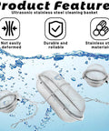 Hella Tough Stainless Steel Ultrasonic Cleaning Baskets Featuring Slick Locking Hooks Zero Hassle Small Parts Holder showing durable cleaning baskets in water.