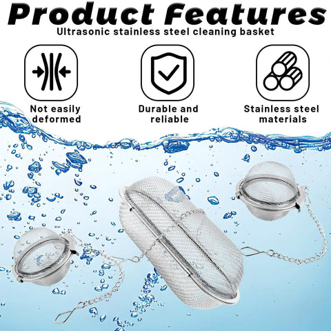 Hella Tough Stainless Steel Ultrasonic Cleaning Baskets Featuring Slick Locking Hooks Zero Hassle Small Parts Holder showing durable cleaning baskets in water.