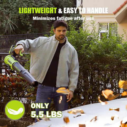 Person using Cordless Leaf Blower With 2 4.0Ah Batteries And Charger Included 560 CFM Air Volume And 180 MPH Air Speed Lightweight