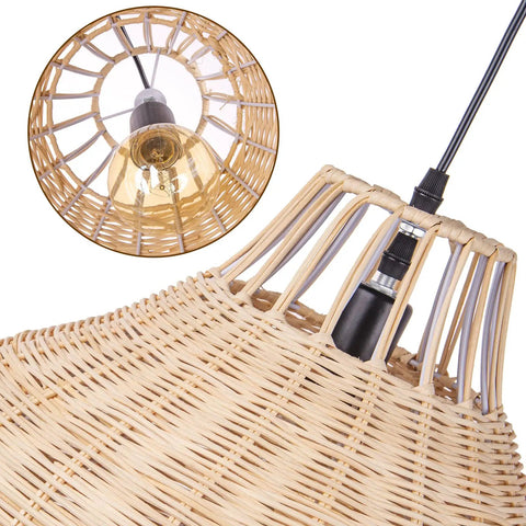 Close-up of 1 Light Rattan Pendant Light With Weave Pattern Natural Wicker Ceiling Fixture showing bulb and rattan details