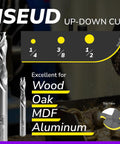 Up Down Compression Carbide Spiral Router Bit Set One Quarter Inch Diameter One Inch Cutting Length Two And A Half Inch Overall Length Five Piece Kit For Wood Plywood MDF Oak Aluminum Pro Grade Milling Bits For DIY Woodworking, showing size chart and materials