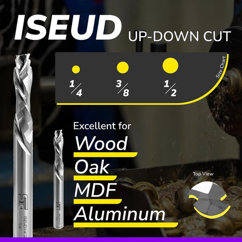 Up Down Compression Carbide Spiral Router Bit Set One Quarter Inch Diameter One Inch Cutting Length Two And A Half Inch Overall Length Five Piece Kit For Wood Plywood MDF Oak Aluminum Pro Grade Milling Bits For DIY Woodworking, showing size chart and materials