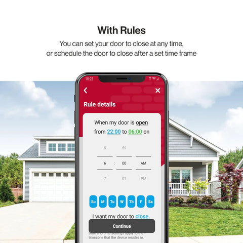 Smartphone app showing garage door schedule settings, WiFi Enabled Smartphone Garage Door Controller Lets You Monitor Open And Close Your Door From Anywhere With iPhone Or Android, Works With Alexa And Google Assistant For Hands Free Smart Home Control.