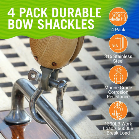 Built Different 316 Marine Grade Stainless Steel D Ring Shackles Heavy Duty Anchor Rigging Hardware For Sailboats And Boats 5 16 Inch Mini Bow Shackle Set, showing durable 316 stainless steel in a close-up with boat hardware.