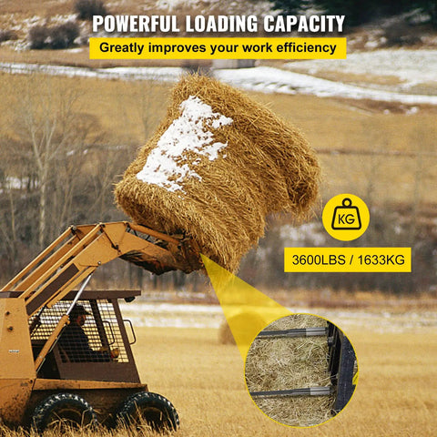 Loader carrying a large hay bale using Beefed Up 39 Inch Hay Bale Spear With 3600 Pound Capacity Quick Attach Square Bale Spear For Buckets