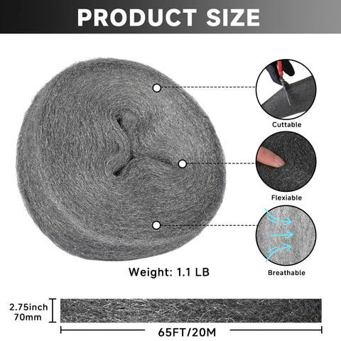 Extra Fine Steel Wool Mice Control 65Ft 0000 Barrier Filler showing size, cuttable, flexible, breathable properties