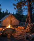 Armadillo 3D Archery Target For Bow Practice Lifesize Realistic Foam Target by a campfire at outdoor campsite with a bow and tent.