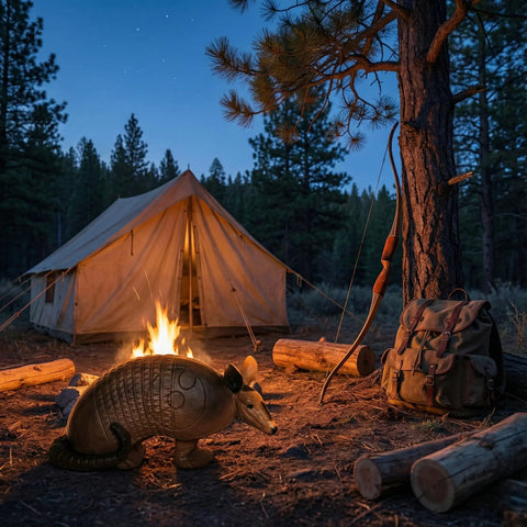 Armadillo 3D Archery Target For Bow Practice Lifesize Realistic Foam Target by a campfire at outdoor campsite with a bow and tent.
