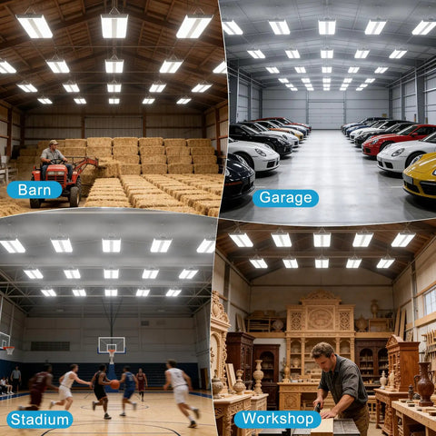Heavy Duty Led High Bay Light 2 Foot Linear Shop Fixture 200 Watt in barn, garage, stadium, and workshop settings.