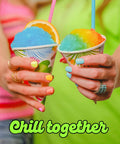 Electric Shaved Ice Machine Kit With Bold Syrup Blends And Twenty Slurp Season Cups showing colorful slushies in cups.
