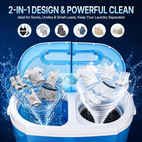 Heavy Duty Mini Compact Washing Machine Twin Tub Top Load Washer Portable Spinning Combo with laundry in action