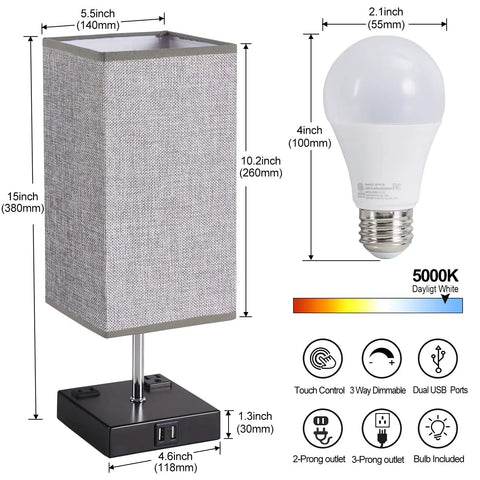 Two Pack Modern Table Lamps With 3 Way Dimmable Touch Control, Dual USB Ports And AC Outlets, Grey Fabric Shade with bulb included