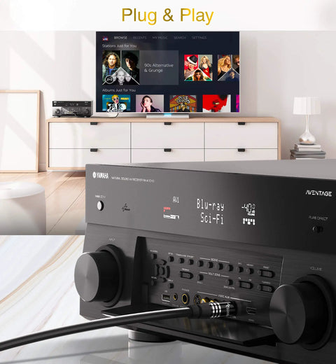 Epic 25 Ft Toslink Optical Audio Cable for Dolby Digital connected to Yamaha audio receiver in modern home setting.