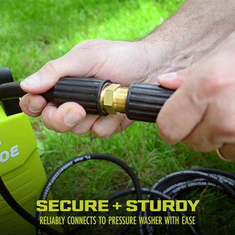 Hands connecting SPX-25H 25 Ft Extension Hose for Pressure Washers with M22 to 15MM Connectors on grass