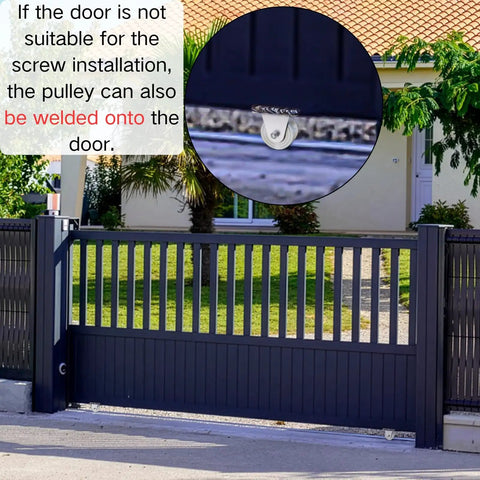 Image showing Heavy Duty 4 Inch V Groove Gate Wheel With Dual U Bolts installed on a sliding gate, no welding needed, with inset detail.