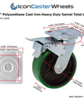 Beefy Heavy Duty 6 Inch By 2 Inch Swivel Caster Wheels Set Of 4 With Total Lock Brakes, non-marking green polyurethane, top plate shown
