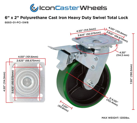 Beefy Heavy Duty 6 Inch By 2 Inch Swivel Caster Wheels Set Of 4 With Total Lock Brakes, non-marking green polyurethane, top plate shown