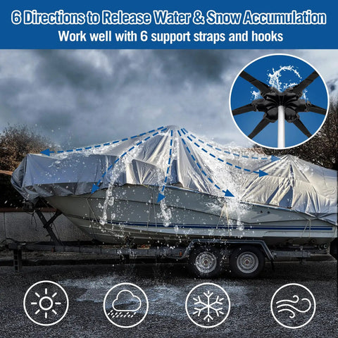 Extra Tall Boat Cover Support Pole with Heavy Duty Metal Tripod Base and Hexagon Top, preventing water accumulation on boat cover.