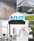 Collage of 4MP PoE Outdoor Bullet IP Cam Add On For Reolink NVR Systems in various surveillance settings