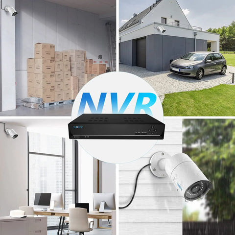 Collage of 4MP PoE Outdoor Bullet IP Cam Add On For Reolink NVR Systems in various surveillance settings