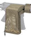 Heat Resistant Mesh Brass Shell Catcher with Padded Casing attached to rifle, quick release, zippered bottom.