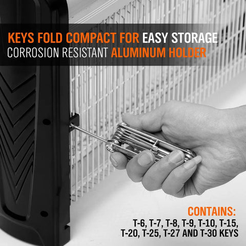 Heavy Duty Folding Torx Star Key Set With Tamper Resistant Security Design crafted in compact aluminum holder for T6 to T30 screws.
