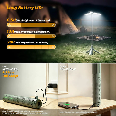Rechargeable Camping Lantern With Stand And Telescopic Pole 8000mAh Power Bank in camping setup with battery life details
