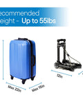 Folding Luggage Cart With Lightweight Aluminum Frame Collapsible Portable Dolly For Travel And Moving Office Use Travel Ready Easy Fold Up Haul Black next to blue suitcase showing size compatibility and 55 lb capacity.