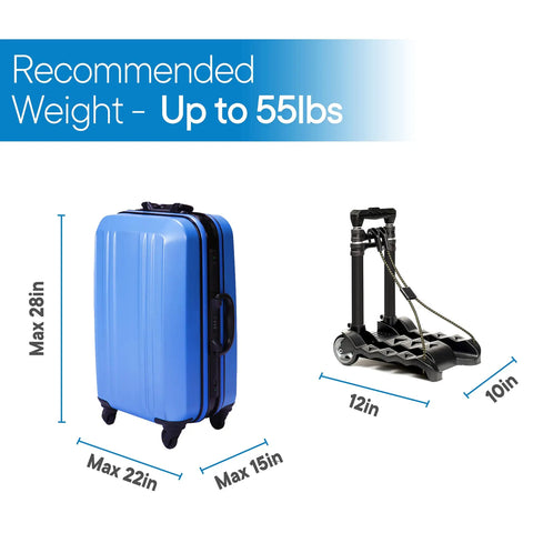Folding Luggage Cart With Lightweight Aluminum Frame Collapsible Portable Dolly For Travel And Moving Office Use Travel Ready Easy Fold Up Haul Black next to blue suitcase showing size compatibility and 55 lb capacity.