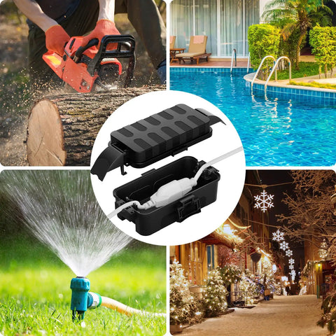 IP55 Weatherproof Outdoor Electrical Box With Detachable Awning UL Listed Compact 5.9 By 3.2 By 1.8 Inch Inner Space Extension Cord Cover For Plugs Outlets And Holiday Lights Black showing use scenarios like log cutting, pool pump, garden irrigation, and holiday lighting.