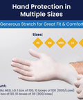 Top Tier Disposable Latex Exam Gloves 6 Mil Thick Powder Free, showing hand sizing options for medical and safety tasks.